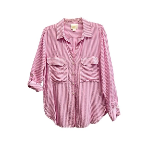 Maeve Anthropologie Blouse Women M Button Down Roll Tab Sleeves Striped Pink - Picture 1 of 12